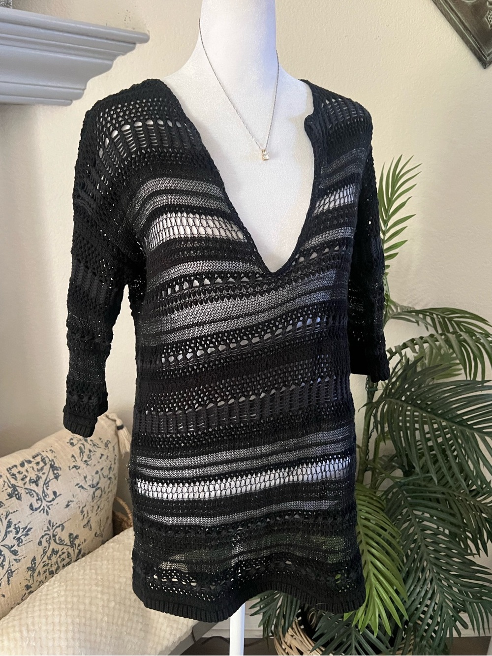 Vintage Moda Black Crochet Deep V Swim Coverup